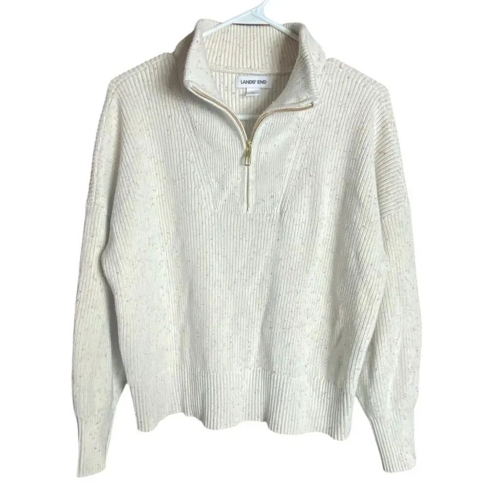 Lands End Quarter Zip Sweater Rib Knit Cotton Confetti Flecked Cream Women XL